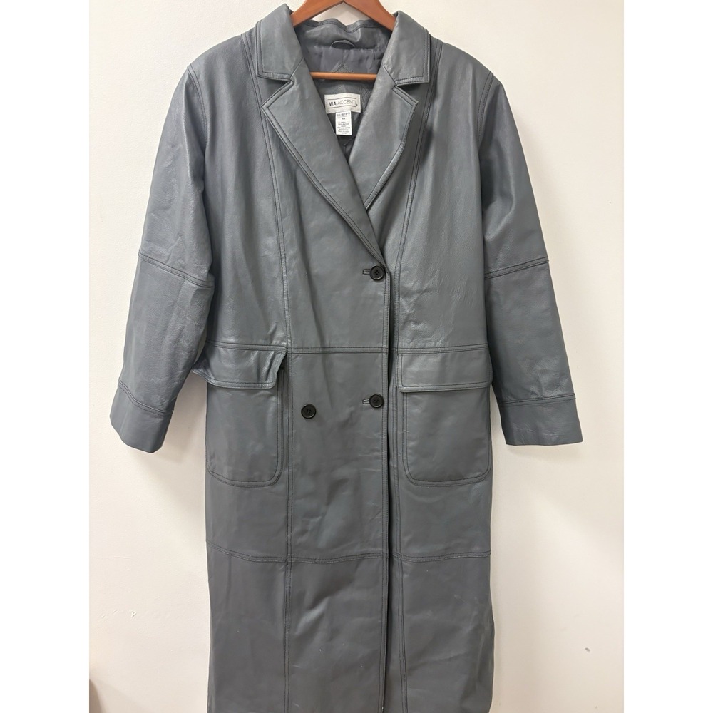 Vintage VIA Accent Gray Leather Trench Coat Sz 2X